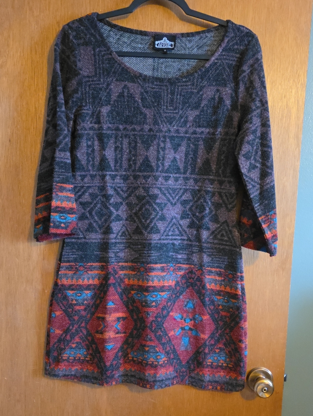 Angie Long Sleeve Scoop Neck Dress in Charcoal and Rust with Teal Accents